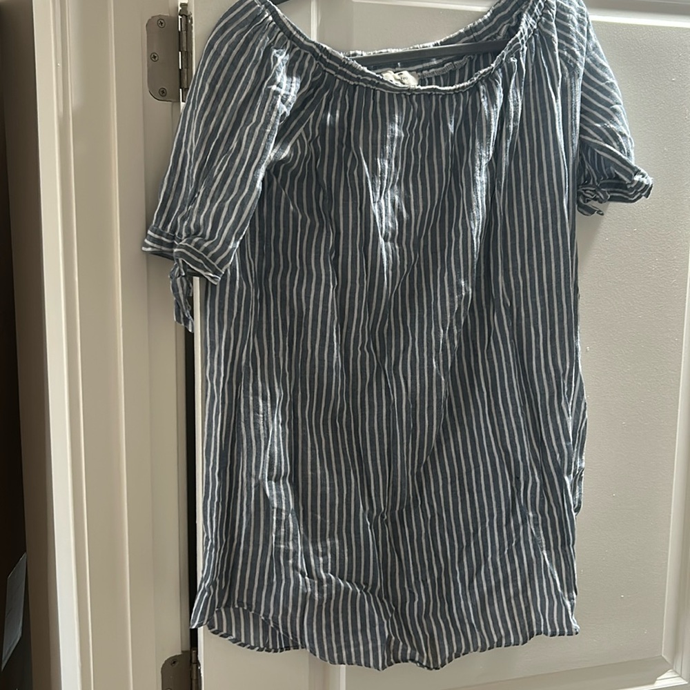 Women’s blue and white striped off the shoulder dress
